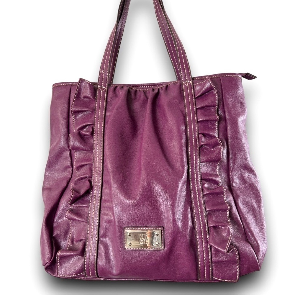New York & Company Purple Ruffled Vegan Leather Tote With Silver Accent